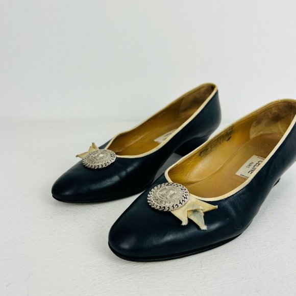 Celine Vintage Navy Blue and Cream Logo Coin Bow Detail Court Heels UK 5.5 - Picture 6 of 14